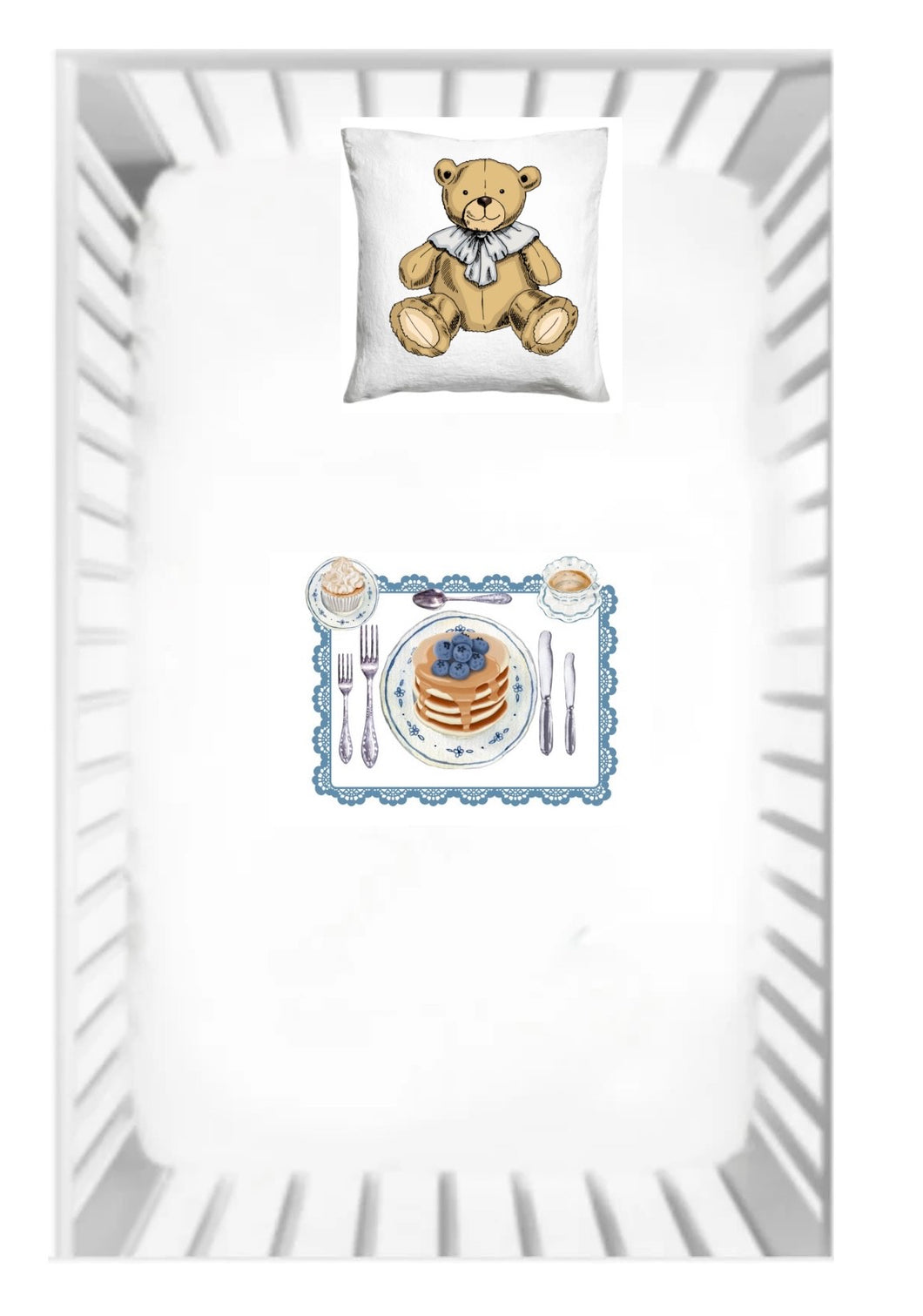 Teddy Pancakes In Bed Fitted Crib Sheet and Pillow Case